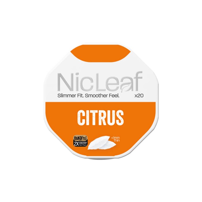 A single, circular can of NicLeaf Citrus flavour. The can is bright orange with a clean, white NicLeaf logo and the word "CITRUS" in bold, capital letters at the bottom.