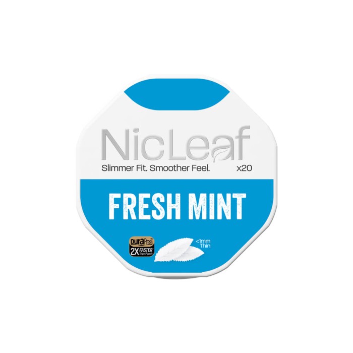 A close-up of a single NicLeaf Fresh Mint can. The can has a cool blue colour, the white NicLeaf logo, and "FRESH MINT" written in bold, capital letters.