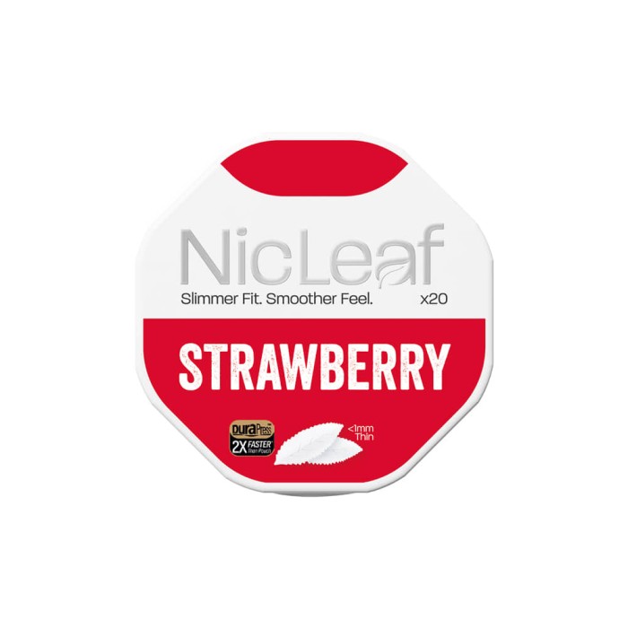 A single, circular can of NicLeaf Strawberry flavour. The can is a vibrant red, featuring the white NicLeaf logo and the word "STRAWBERRY" in bold, capital letters below it.