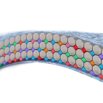 A magnified cross-section of a NicLeaf internal structure, showing layers of multi-coloured spheres that provide a smooth and consistent nicotine release.