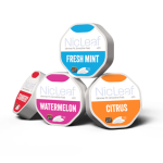 The full range of NicLeaf leaves long-lasting flavours, with the four cans stacked together: orange for Citrus, blue for Fresh Mint, red for Strawberry, and pink for Watermelon.